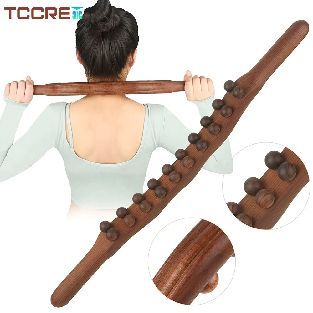 Wooden GuaSha Massage Stick with Wood Bead Trigger Point Scraping Massage Tool for Lymphatic Drainage Muscle Soft Tissue Release back scratchers best back scratcher extendable with massage bead solid wood handle handheld massager for face neck foot back