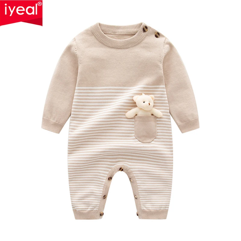 IYEAL Baby Sweater Autumn Winter Baby Jumpsuit Sweater Jumpsuit Baby Clothes Fashion Bear Striped Knitted Jumpsuit