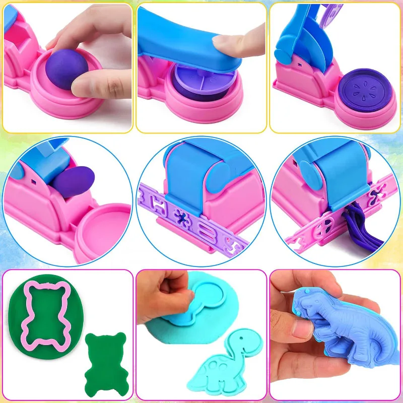 Plasticine Mold Kids DIY Craft Toys Accessories Cartoon Dinosaur Safety Scissor Rolling Pin Pasta Press Plastic Dough Play Tools