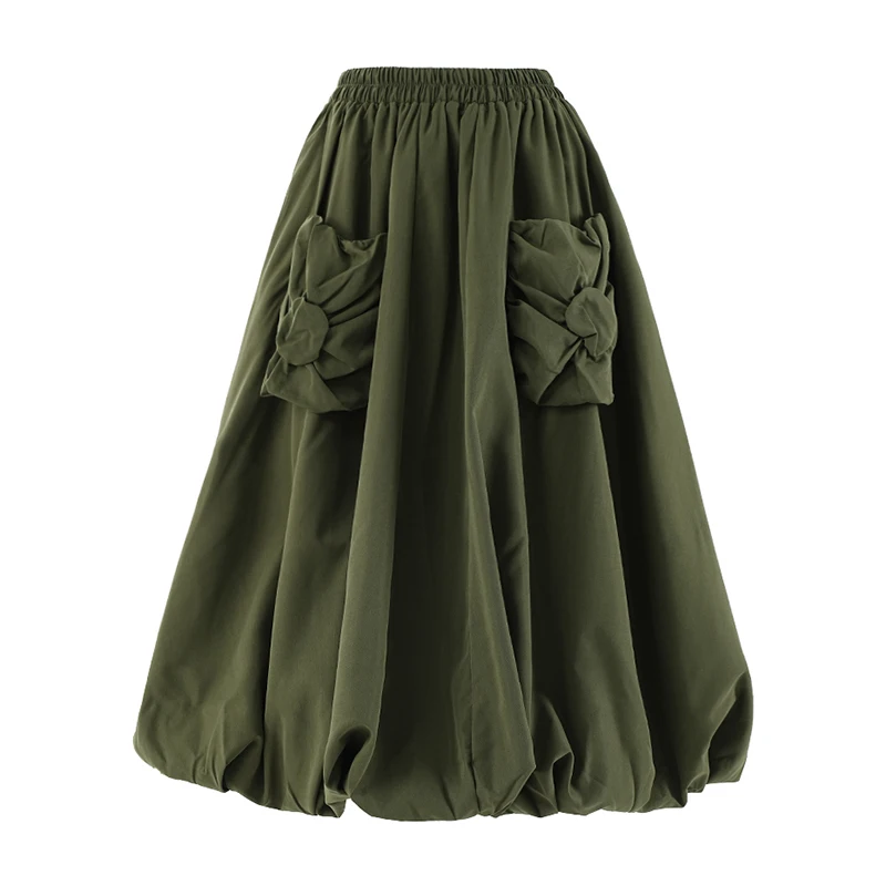 [EAM] High Elastic Waist Khaki Pocket Shaped A-line Casual Half-body Skirt Women Fashion Tide New Spring Autumn 2026 CPG2082