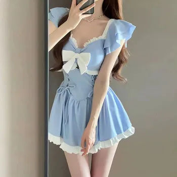 Women's One Piece Swimdress Light White Bow Ruffled Cap Sleeve Lace Up Waist Flared Skirt Summer Beach Bathing Suit Swimwear 1