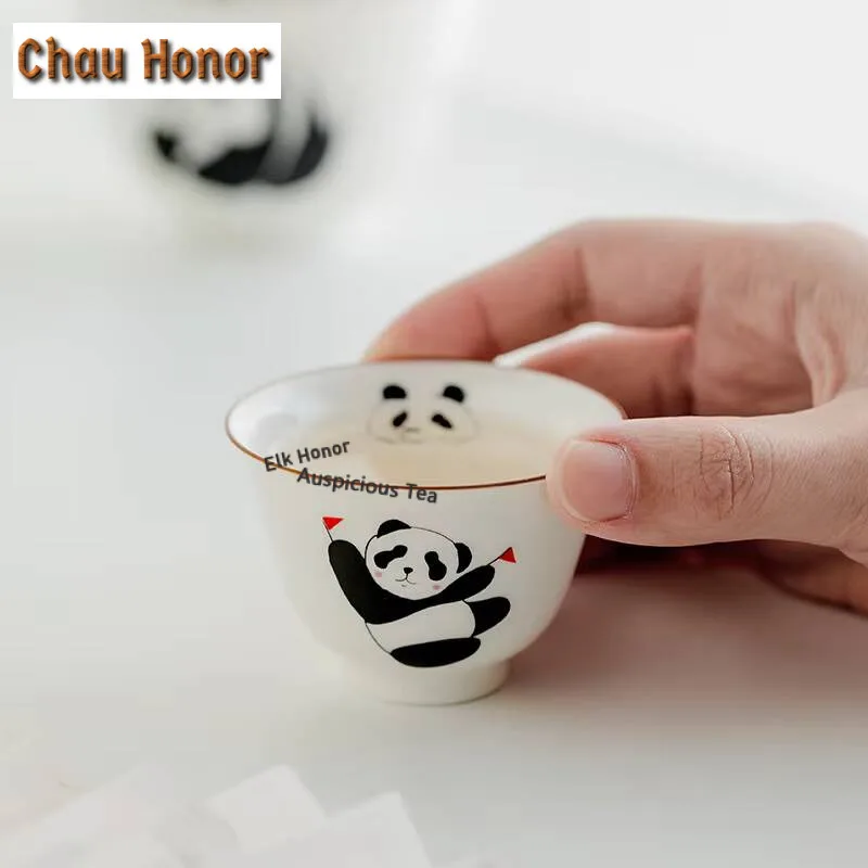 2pc/set Chinese Panda Art Tea Cup White Porcelain Cute Ceramic Teacups Household Kung Fu Tea  Tea-tasting Single Master Cup 50ml