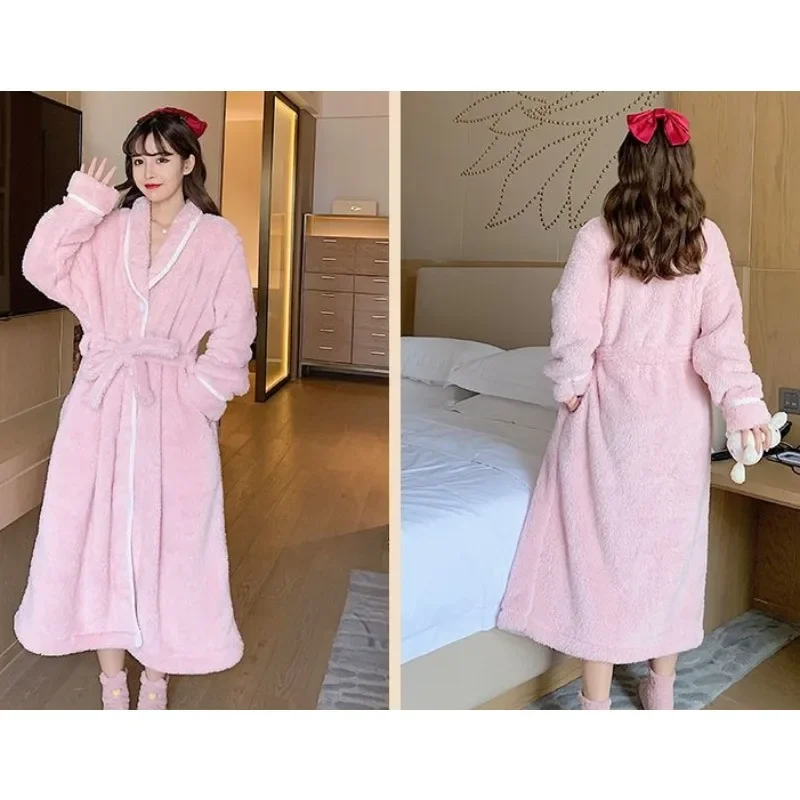 2024 New Autumn Winter Coral Velvet Nightgown Women Extended Flannel Loungewear Thickened with Velvet Sleepwear Loose Bathrobe