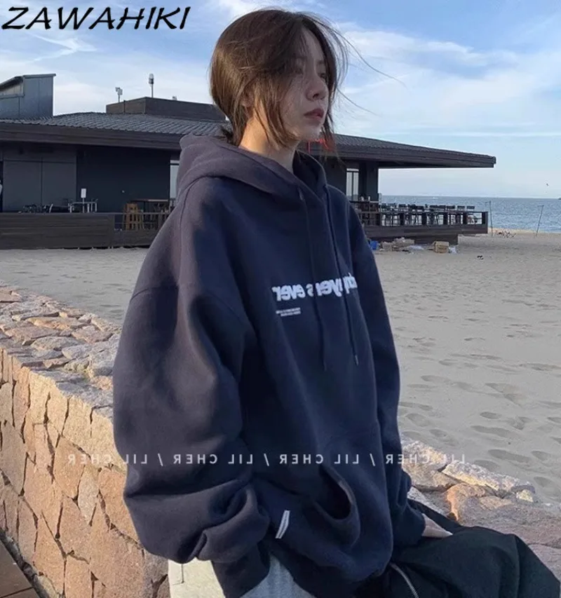 

Cotton Hoodies Korean Loose Autumn Winter American Retro Sweatshirt Letter Print Long Sleeve Casual Minimalist Chic Streetwear