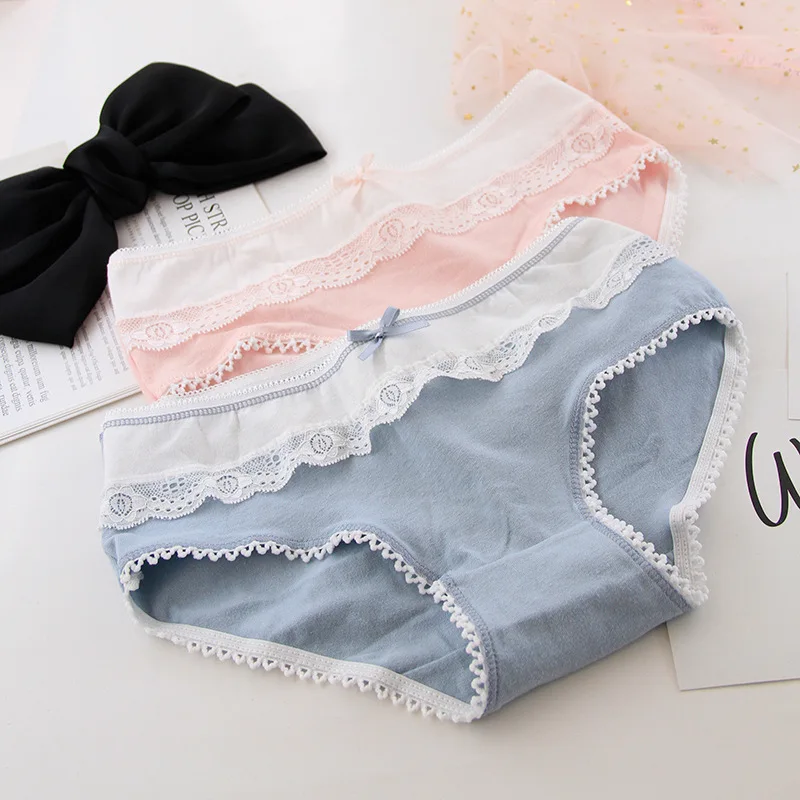 

Lolita Style Lace Edge Bow Women's Cotton Underwear Comfortable Hip Wrap Cotton Crotch Girls' Briefs Lolita Style Lace Edge