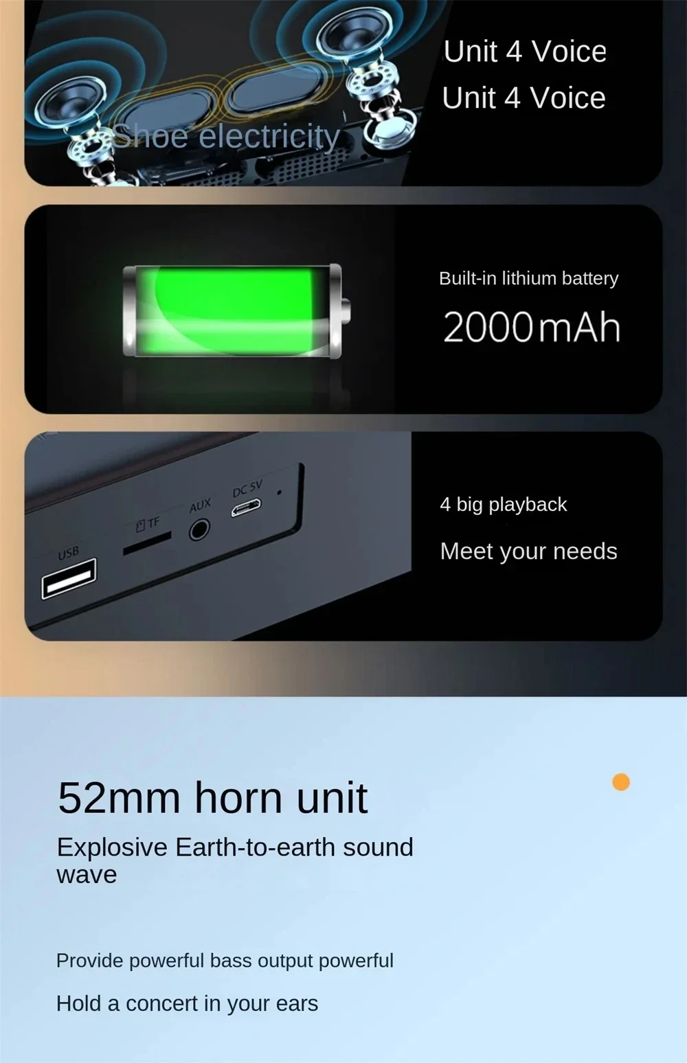 Description Picture 3 of itemOriginal Bluetooth Subwoofer Soundbar TV Audio Echo Wall Computer Speaker Home Theater Music Wireless Blueooth Speaker Gift