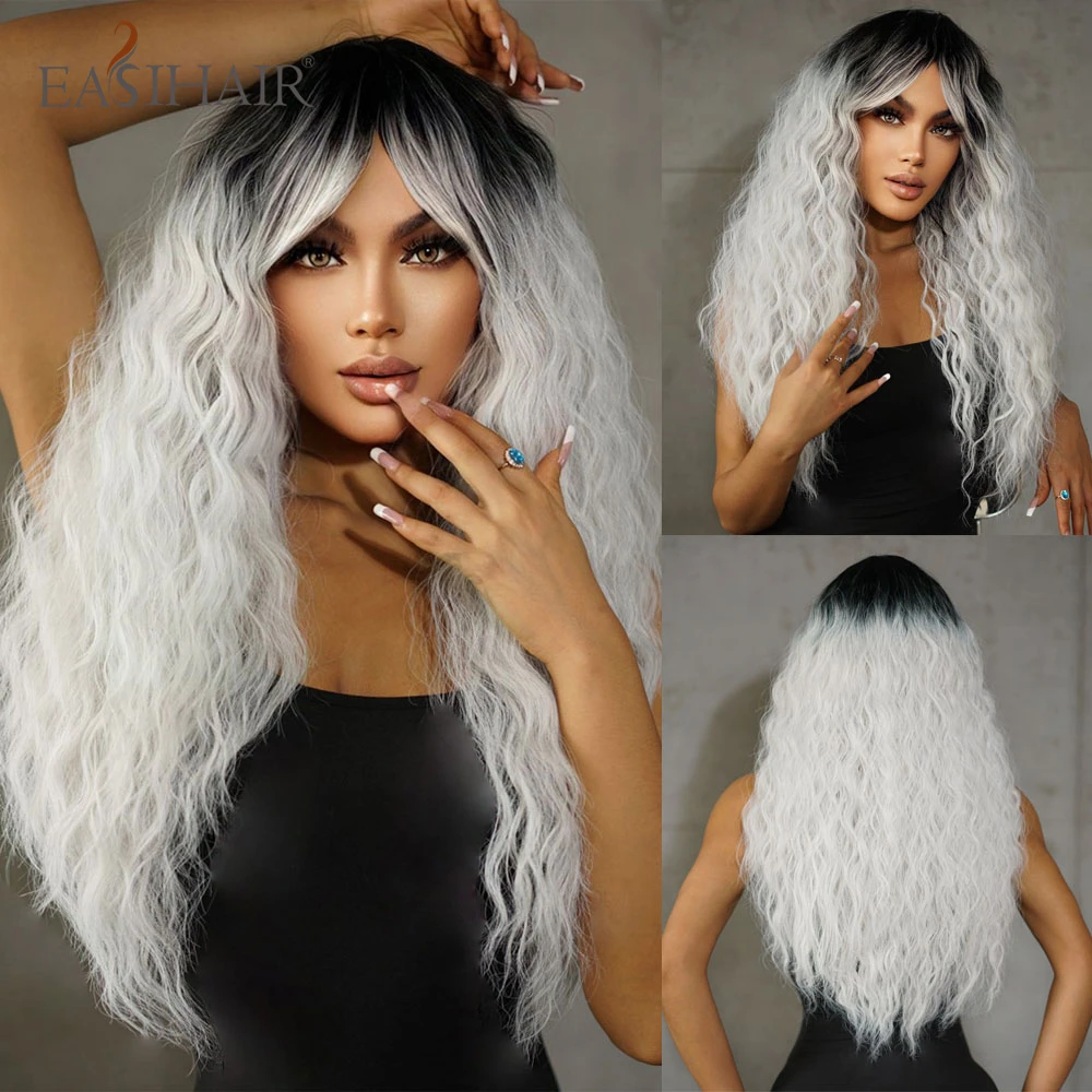 

EASIHAIR Platinum Blonde Kinky Curly Long Wavy Synthetic Wigs with Bangs for Black Women Daily Cosplay Heat Resistant Fake Hair