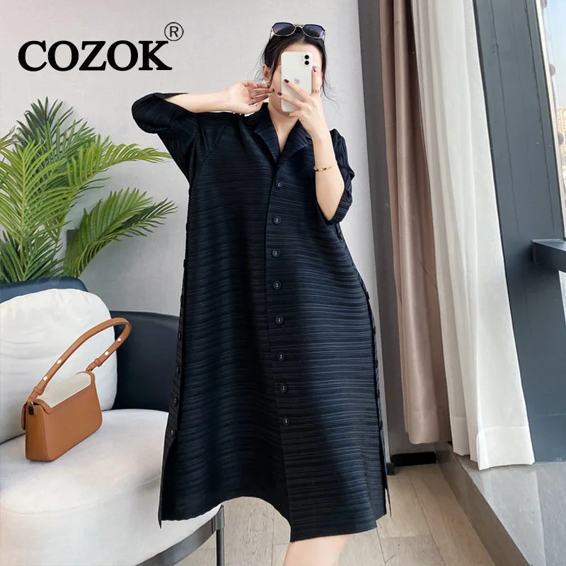 

COZOK Elegant Casual Style 2024 TrendyWomen Pleated Mid-Calf Dress Side Buckle Decorate Solid Color Elasticity Design WT175