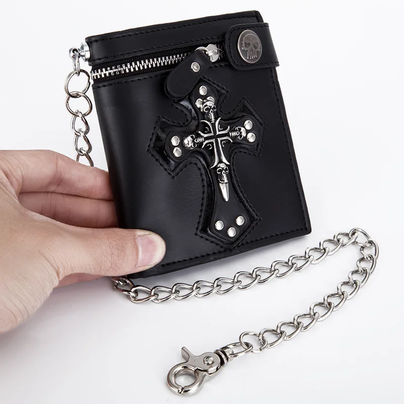 

Men's Coin Wallet Card Bag Y2k Skull Head Cross Anti Theft Chain Rivet Purses Casual Zipper Male Foldable Retro Style Versatile