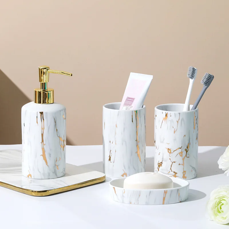 Resin Matte Marble Bathroom Accessories Set 5 Pcs, Lotion Soap Dispenser  Toothbrush Holder Bathroom Tumbler Cotton Swab Jar and Multifunctional  Tray