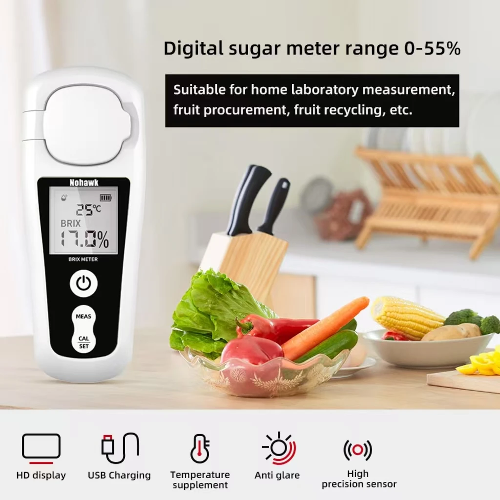 Digital Pocket Refractometer 0-55% Range, ±0.2% Brix Accuracy Refractive Index,