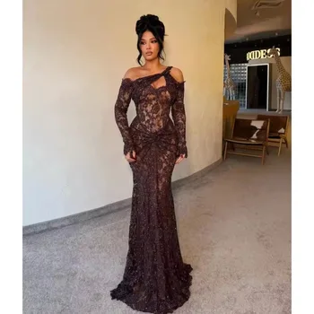 Glamorous Black Women Evening Dresses Lace Long Sleeves Prom Gowns Arabic Floor Length Customized Dubai Wedding Guest Gowns 1