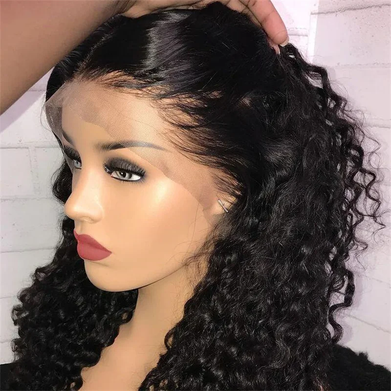 

Short Soft Glueless Natural Black 180% 16lnch Kinky Curly Lace Front Wig For Women With Baby Hair Synthetic Preplucked Daily Wig