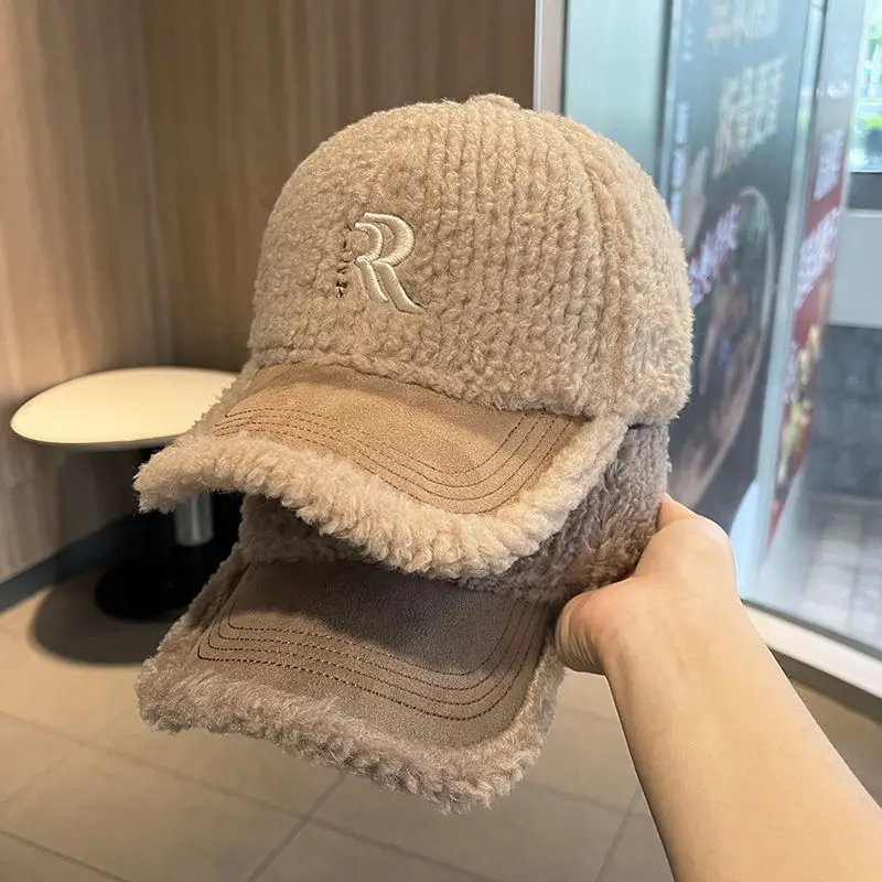 

2023 New Fashion Lamb Down Winter Baseball Hat Women Female Embroidery R Letter Duck Tongue Cap Unisex Plush Warm Hut Le Chapeau