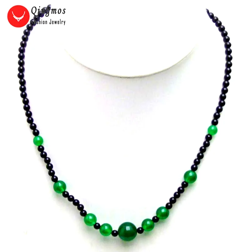Qingmos 4mm Round Natural Black Agate Necklace for Women with 6-10mm Green Jade Necklace 18