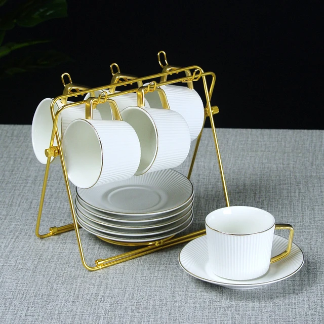 Cup and Saucer Display Stand, 8 Pcs Tea Cup and Saucer Holders, Teacup Coffee Mug Organizer Rack, Golden Finish Metal Mug and Saucer Stand for Tea