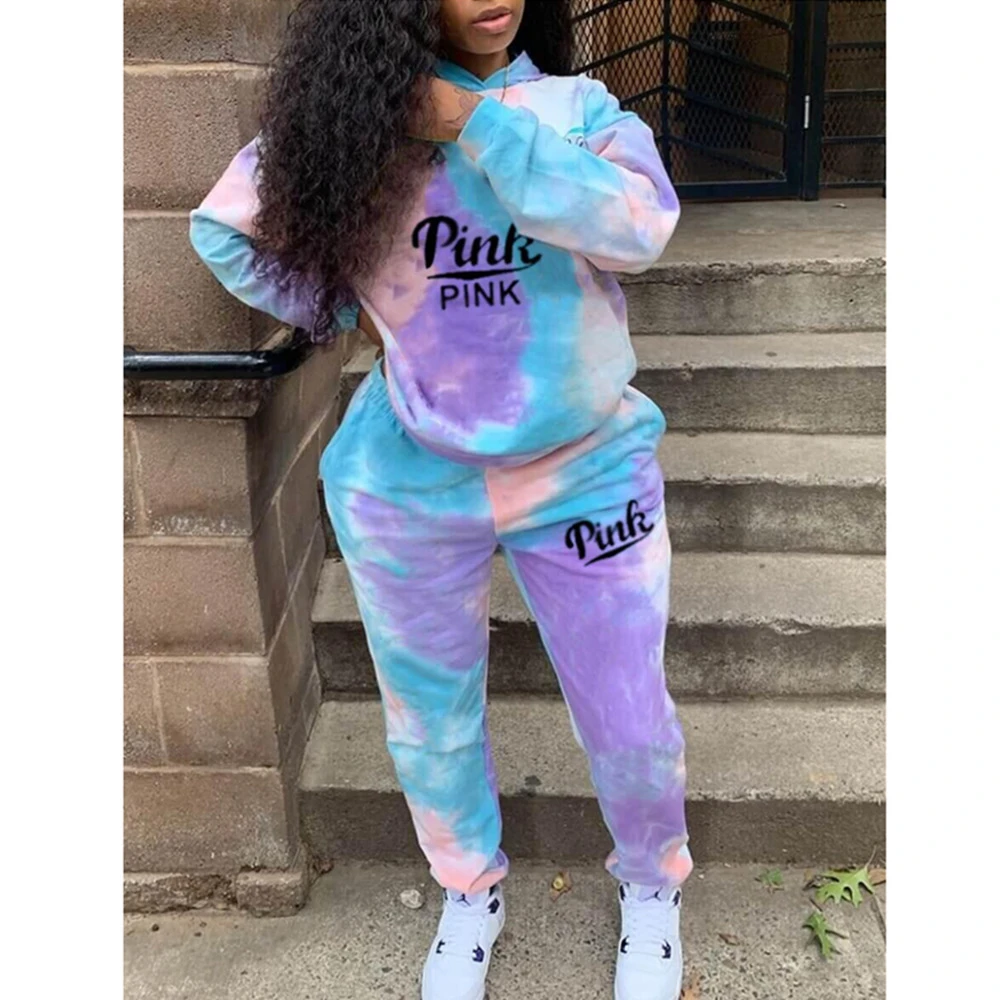 FAGADOER Tie Dye Print Tracksuit Women PINK Letter Pringing Hoody Top + Jogger Pants 2 Piece Sets Female Matching Outfits Spring ladies coat pant suit