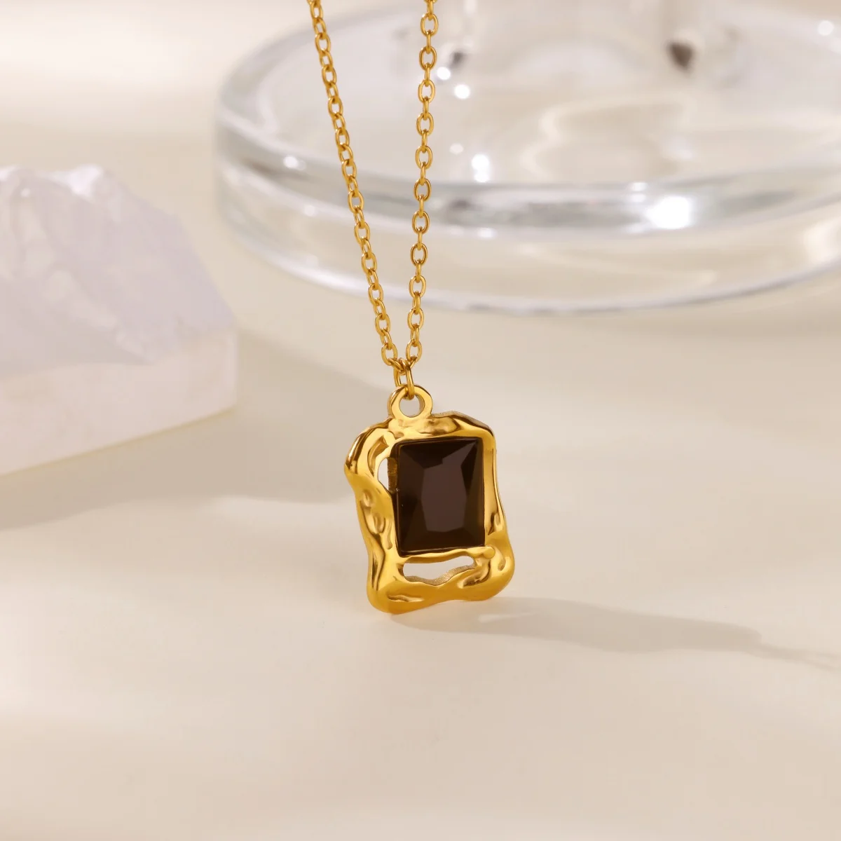 Zircon Square Pendant Necklaces 18K Gold Plated Stainless Steel Necklace