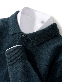 Maglione con colletto POLO da uomo nuovo Autunno Inverno Manica lunga spessa Pullover da lavoro 100% lana merino Maglieria Camicia Abiti di base 1