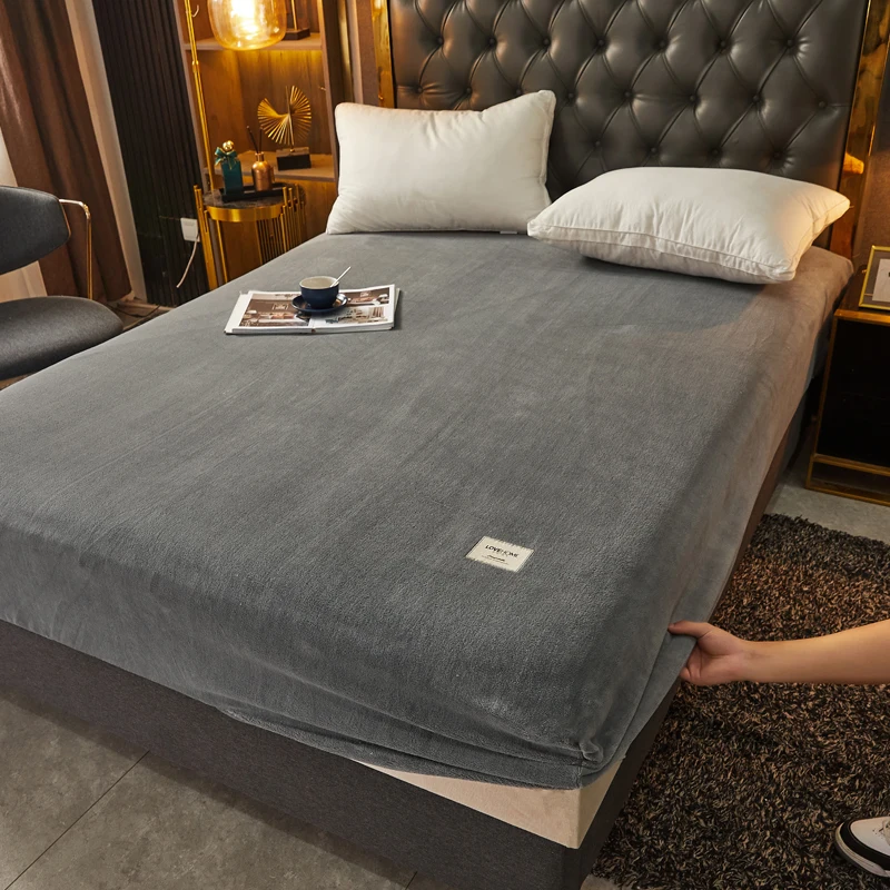 Mattress Cover Simple Solid Color Fitted Sheet Nordic Mattress Cover Plush Bed Sheet Winter Warm Elastic Soft Bed With Elastic Band