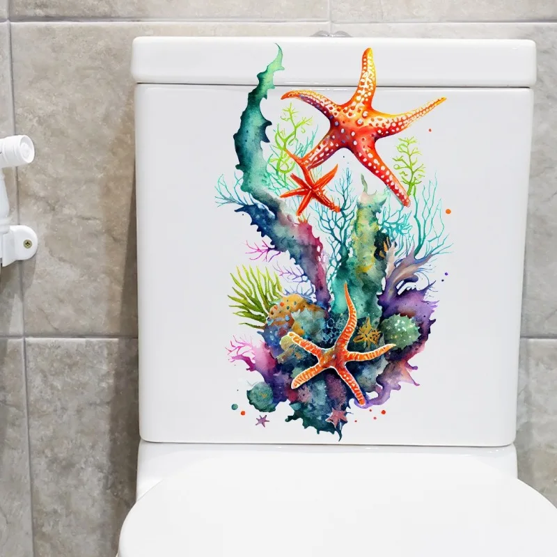 Toilet Wall Stickers Ocean Series Watercolor Hand Drawn Jellyfish Whale Bathroom Decor