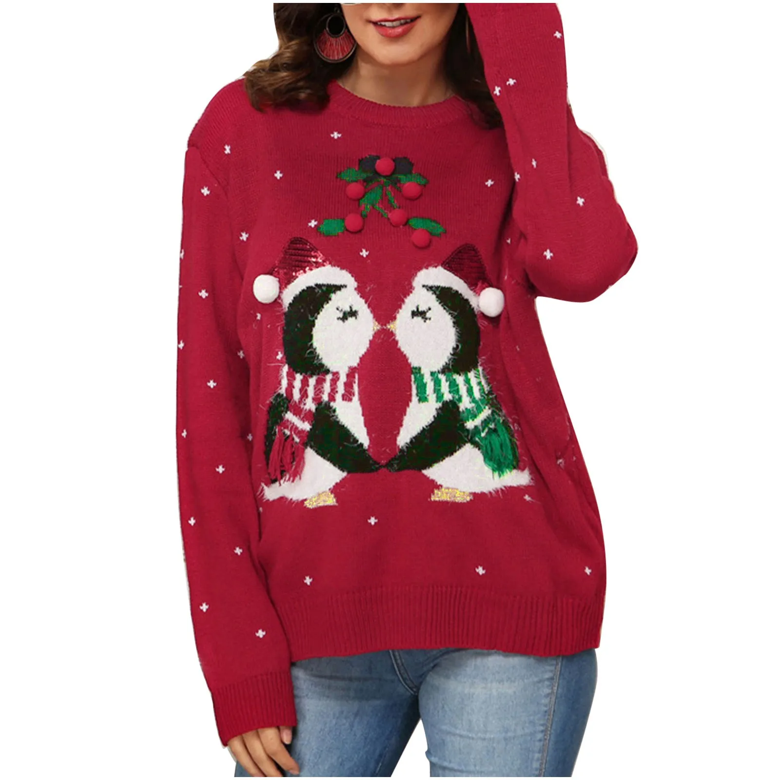 

Christmas Ugly Sweater For Women Little Penguin Jacquard Loose Pullover Knitwear Stylish Round Neck Streetwear Female Clothing