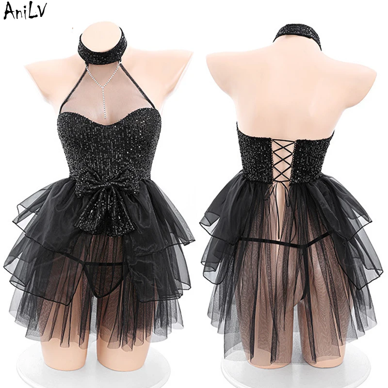 

AniLV Romance Valentine's Day Pink Shiny Dress Women Cross Strap Bow Bling Nightdress Temperament Pajamas UniformCostumes