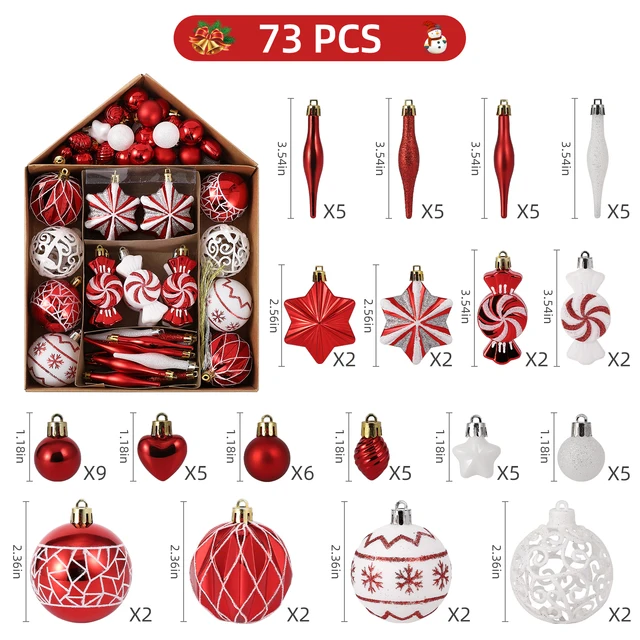 Shatterproof Christmas Ball Ornaments Set, Red & White Xmas Balls for Tree Decor, Xmas Ball Assorted Set of 73 PCs Xmas Decor 3