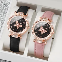 2PCs/Set Women Butterfly Dial Watch Black Pink Color Leather Strap Quartz Watch 1