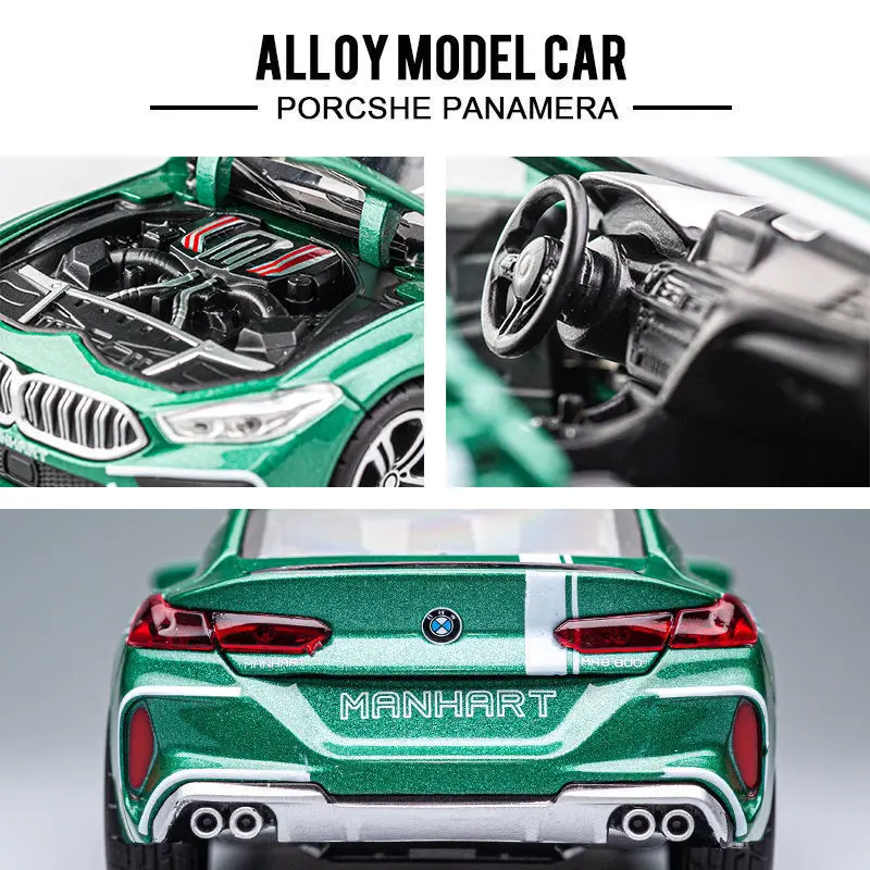 1/32 BMW MH8 800 Manhart 다이 캐스트 자동차 장난감 어린이를위한 미니어처 모델 뒤로 소리 및 빛 컬렉션 소년을위한 선물 아이 선물