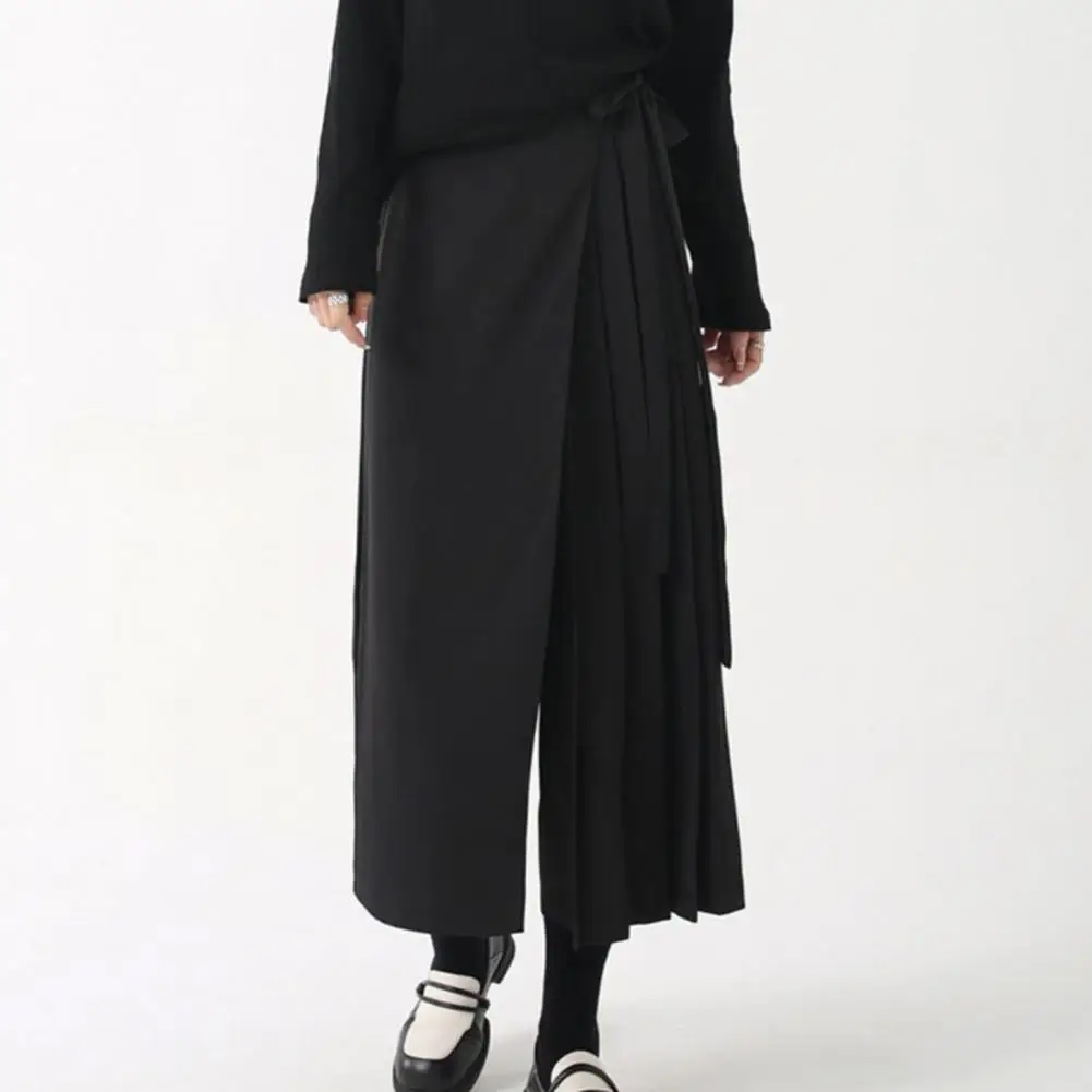 

Women Wide-leg Pants Black Solid Color Pleated Wide Leg Culottes for Women High Street Style Irregular Mid-calf Length Pants