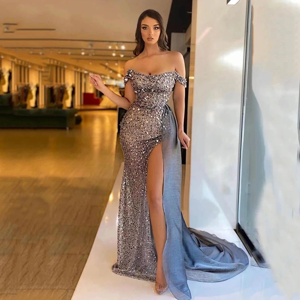 

2023 Shiny Grey Evening Dresses Sexy Strap Shoulder Mermaid Side High Split Princess Prom Gowns Formal Beach Party Vestidos De