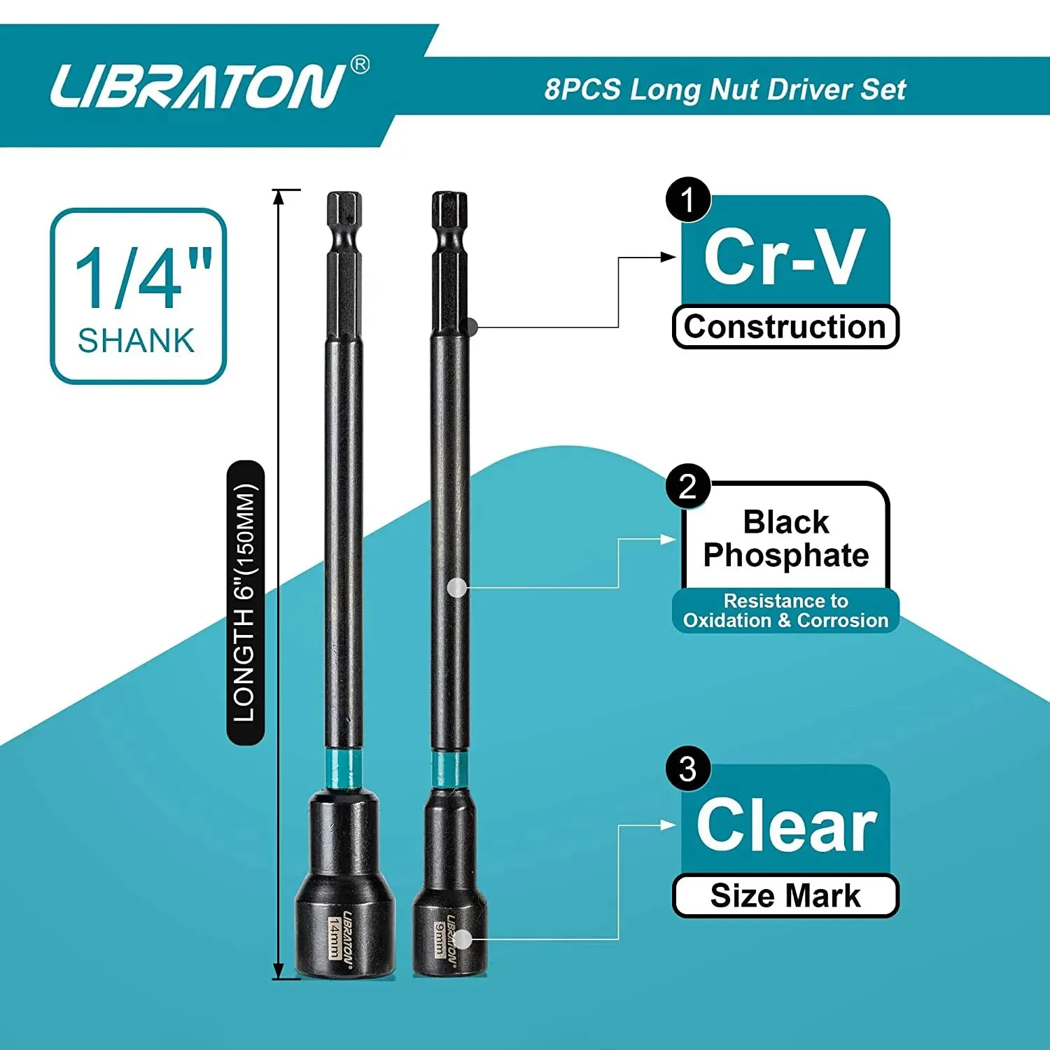 Libraton 8PCS Magnetic Nut Driver Set Metric Long Nut Drivers Impact Drill Long Shank Nut Driver Bits Hex Shank Long Power Bits 3