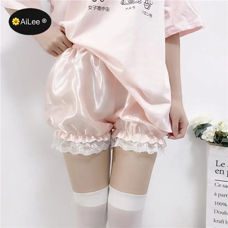 Women Elastic Waist Lace Safety Satin Shorts Lolita Casual Sweet Safety Shorts Bottom Culottes Basic Panties Scanties Underwear