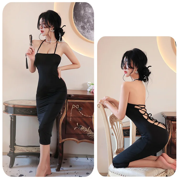 Erotic lingerie Elegant evening dress with suspender long skirt backless strap and strap women's ethical underwear l Sex shop