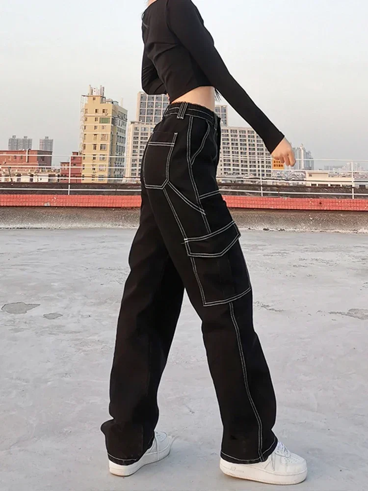 Weekeep Pockets Patchwork Baggy Jeans Fashion Streetwear 100% Cotton Women Denim Trouser Loose Cargo Pants Korean Autumn Winter
