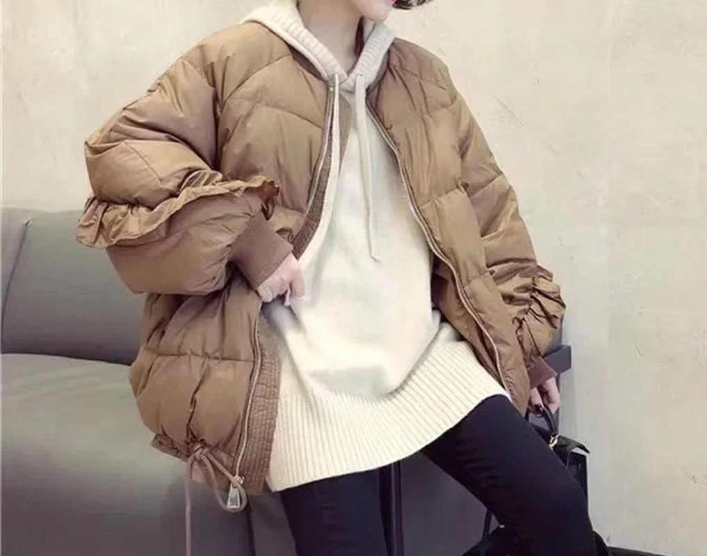

Women Bat Sleeve Loose Short Jacket Thick Warm Parkas Winter Coat Patchwork Overcoats Female Solid Color Outwear Streetwear Ins