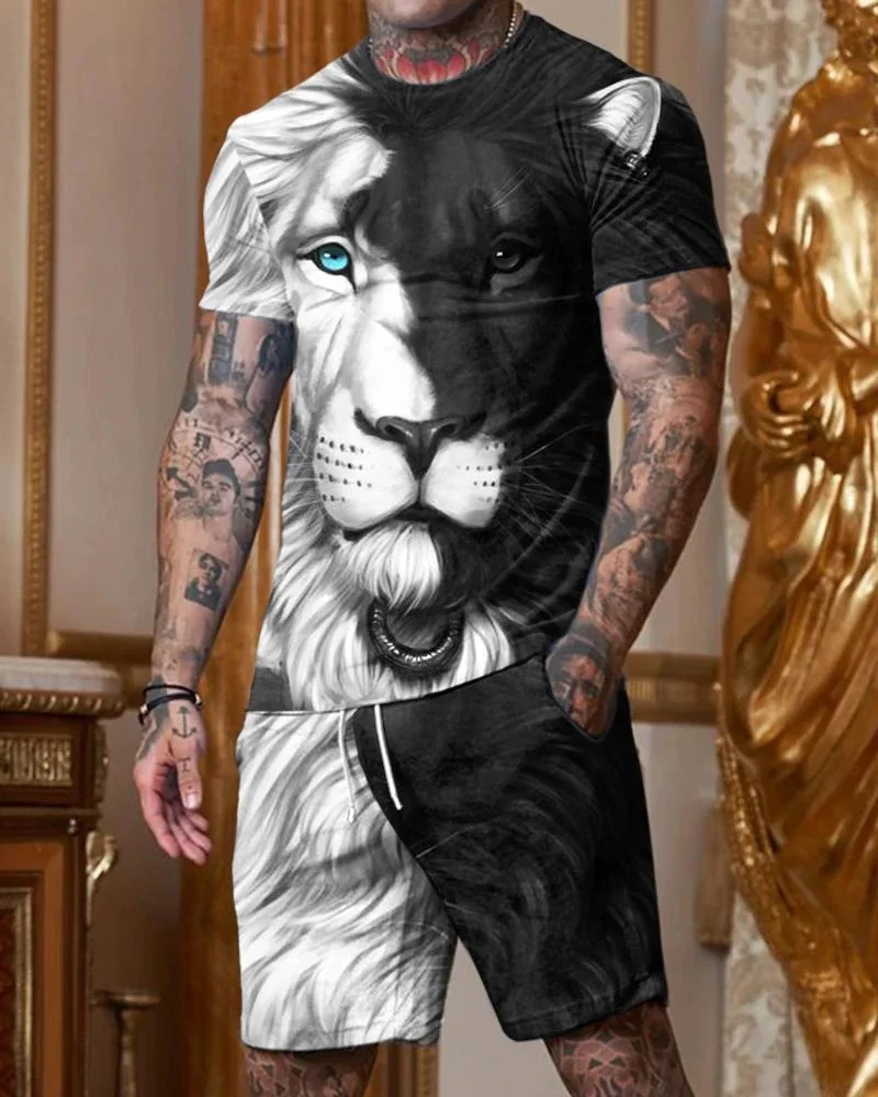 

New Men’s Tracksuit High Quality Male Clothes Handsome Lion Head 3D Print Oversized T-Shirt Sets Casual 2 Piece Suit