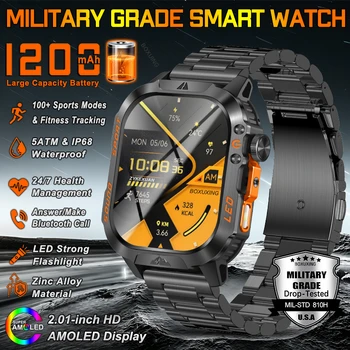 2026 New 1200mAh Battery Military Smart Watch Men Fitness Tracker 5ATM Waterproof Heart Rate Flashlight AMOLED Screen Smartwatch 1
