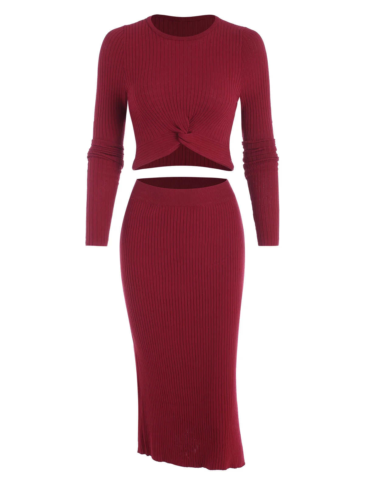 ZAFUL Wide Rib Twist Knit Slinky Two Piece Set Women Crop Top and Midi Skirt Set Going Out Co Ords Spring Autumn