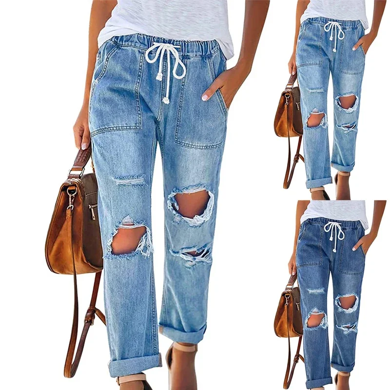 

Summer Women's Casual Jeans Women's Summer Korean Style Ripped Pants Loose Beggar Pants Versatile Elastic Blue