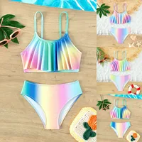 Girls' Tie-dye Printed Swimwear Kids Girls Swimsuit Two Pieces Bikini Set Ruffle Bathing Suits Flounced Tankini Swimwear 아기 수영복 1