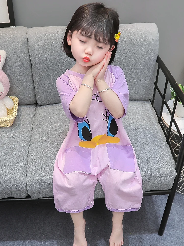 순면 여름 얇은 아동용 롬퍼 잠옷 올인원 수트 에어컨 룸 봄 여름 여아 홈웨어