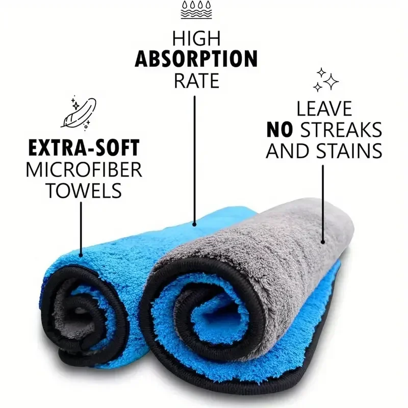 1/5pcs Microfiber Car Washing Towels Soft Quick Drying Windows Mirrors Wiping Rags Home Double Layer Cleaning Cloths