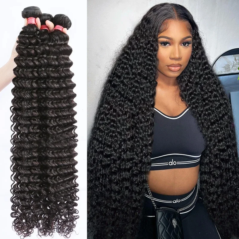 42 Inch Natural Color Deep Wave Human Hair Bundles - 250 High Density 1/3/4 Pcs Pack 100% Virgin Hair Silky Thick Full-Bodied We