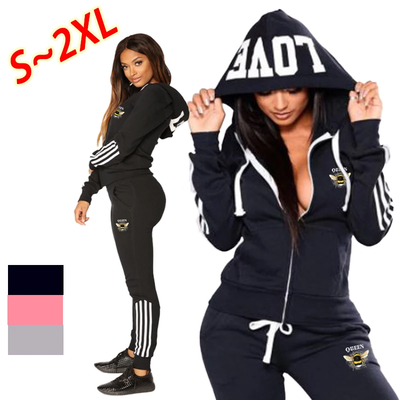 New women's striped jogging set with full zipper hooded sports top and pants, women's sexy slim fit sports hooded set