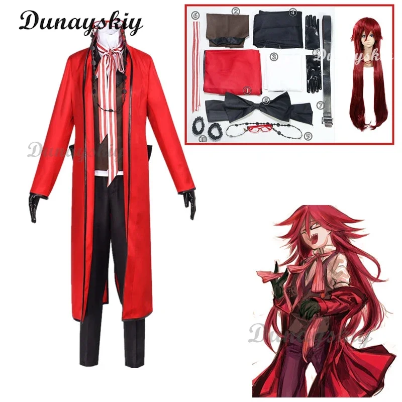 

Anime Black Butler Death Shinigami Grell Sutcliff Cosplay shoes Red Uniform Outfit Carnaval Halloween Costumes for Women Men wig