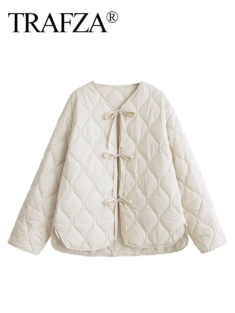 HH Autumn Jacket For Women 2024 New Fashion Bow Lace Up Cropped Coat Long Sleeve Quilted Jacket Woman Solid Casual Outerwear