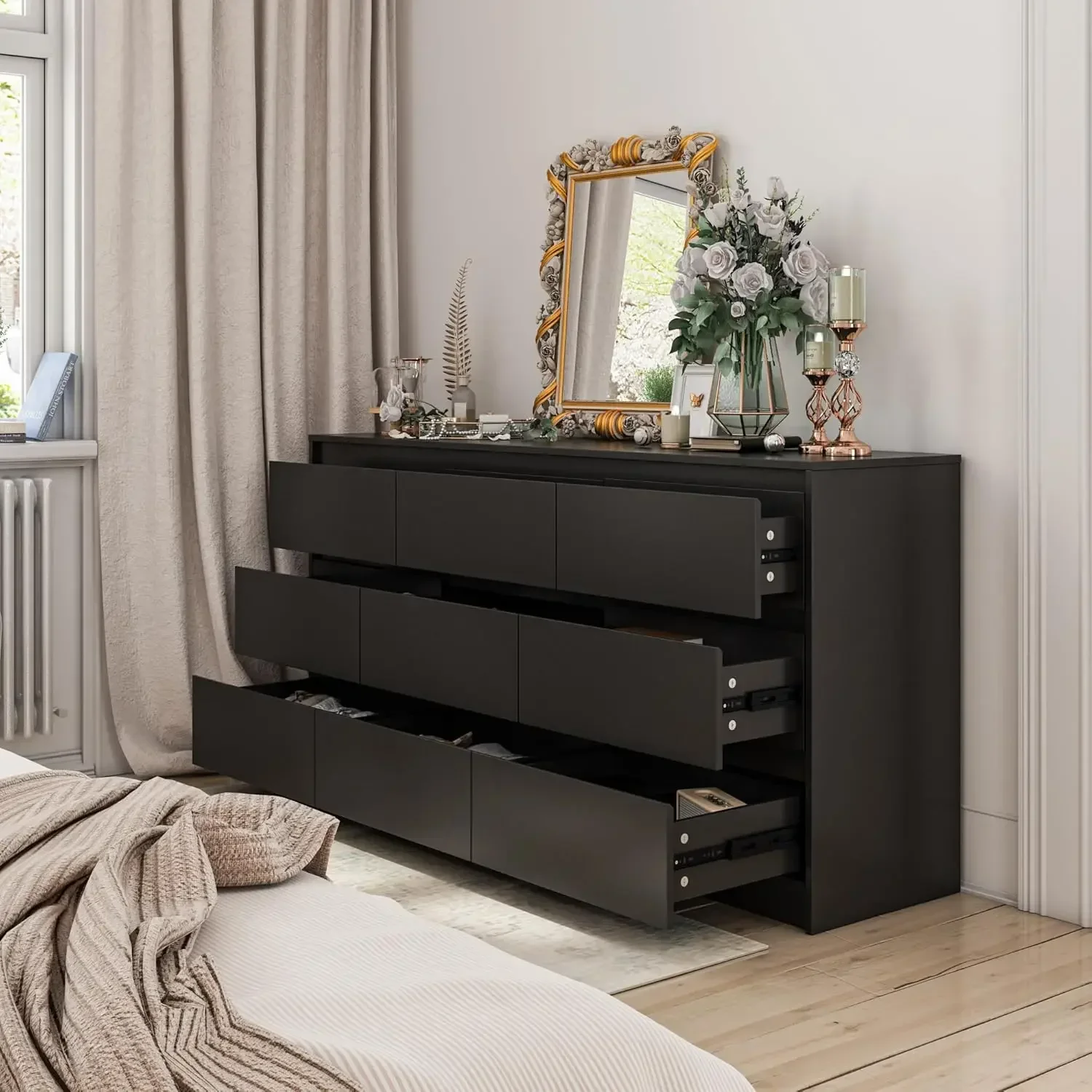 Freestanding bedroom dresser detail