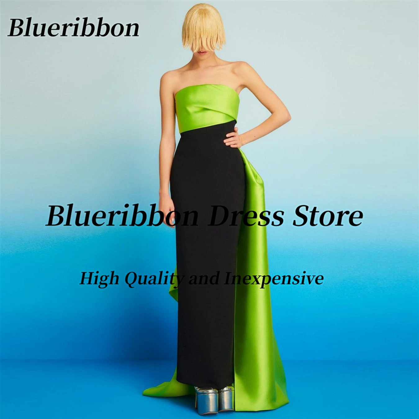 

Blueribbon Formal Dresses for Prom Strapless Ankle Length Black Evening Party Gowns Contrast Color Long Train Vestidos De Fiesta